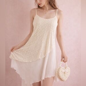 Vintage 80s 90s Slip dress Asymmetrical lace Sheer Romantic Cream Vanilla Sz S